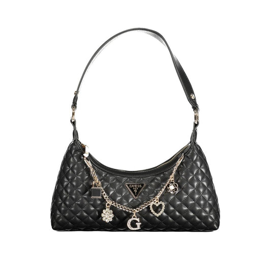 Guess Jeans Black Polyethylene Women Handbag with quilted design and charm details, showcasing chic sophistication and functionality.