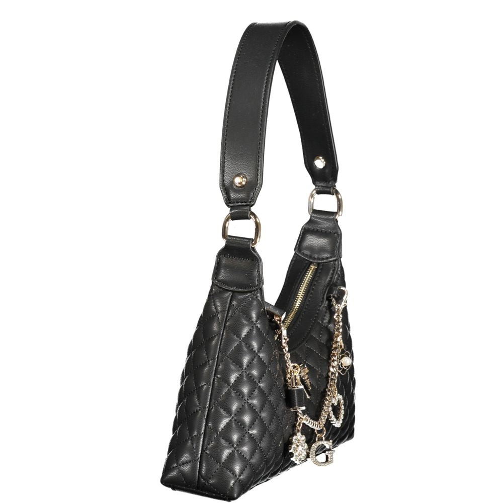 Guess Jeans Black Polyethylene Women Handbag with quilted design and chain details in a side view
