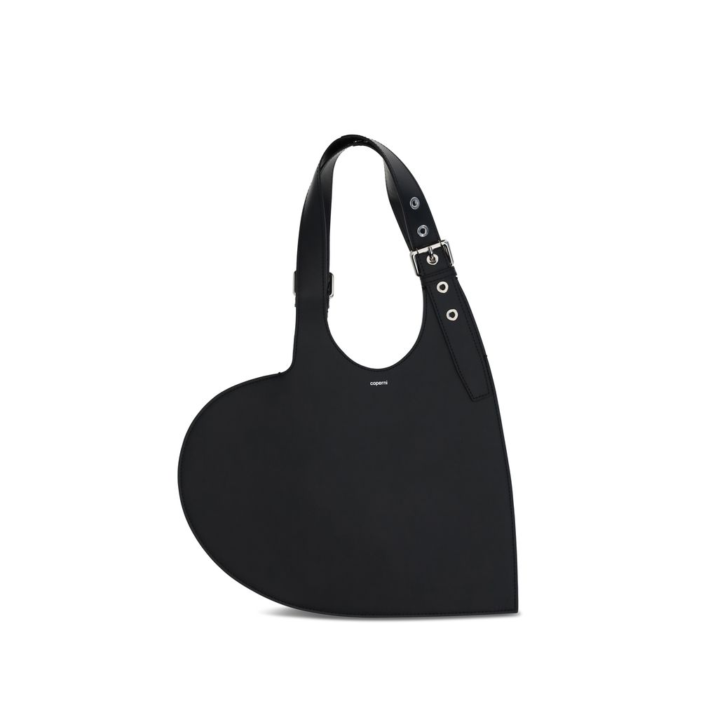 Coperni Black Calf Leather Bos Taurus Shoulder Bag with heart-shaped design and belted handle.
