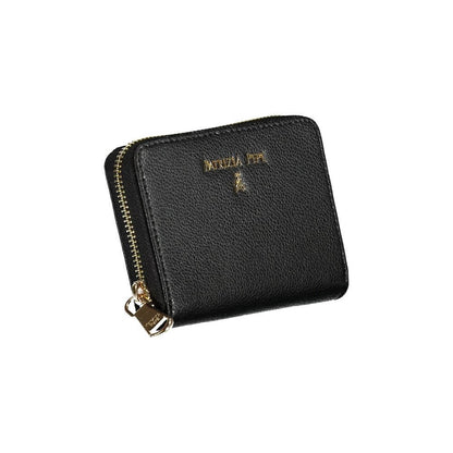 Patrizia Pepe Black Leather Wallet with compartments, coin purse, card spaces, zip closure, and logo detailing.