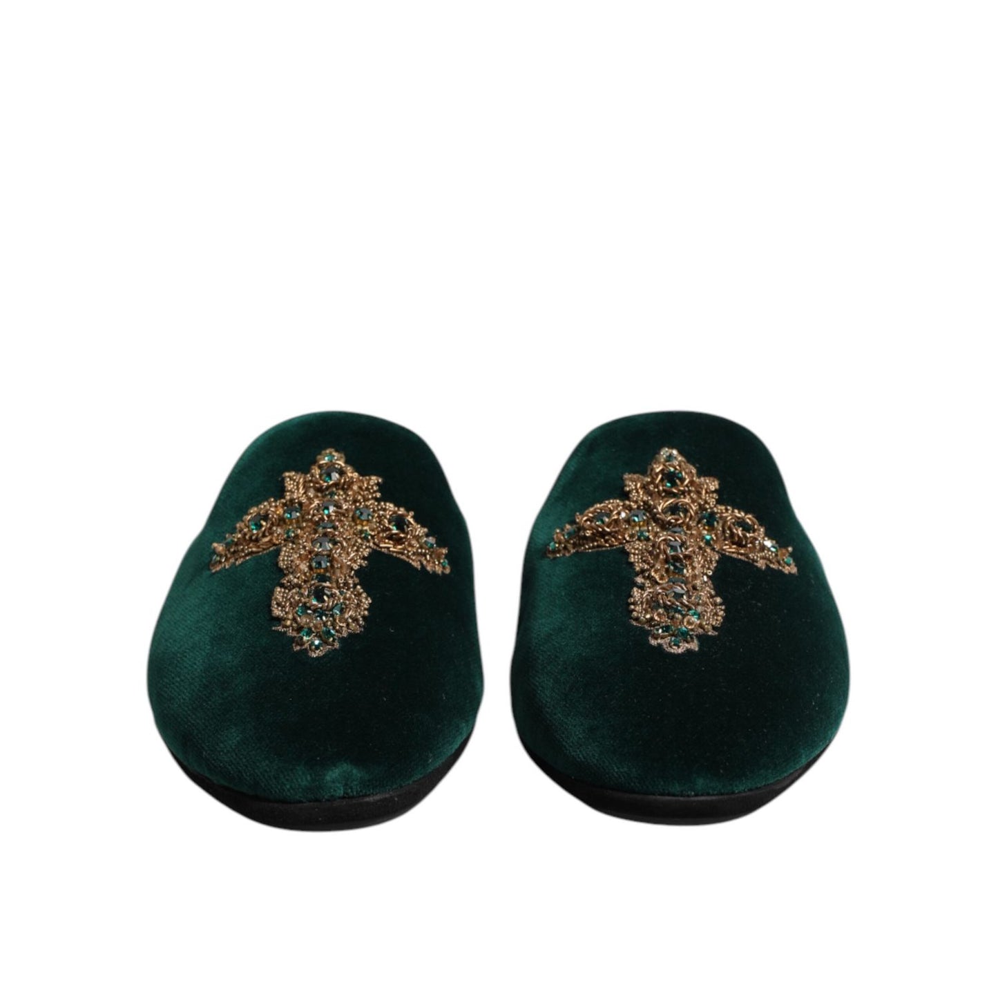 Dolce & Gabbana Green Velvet Cross Embellished Slippers Shoes