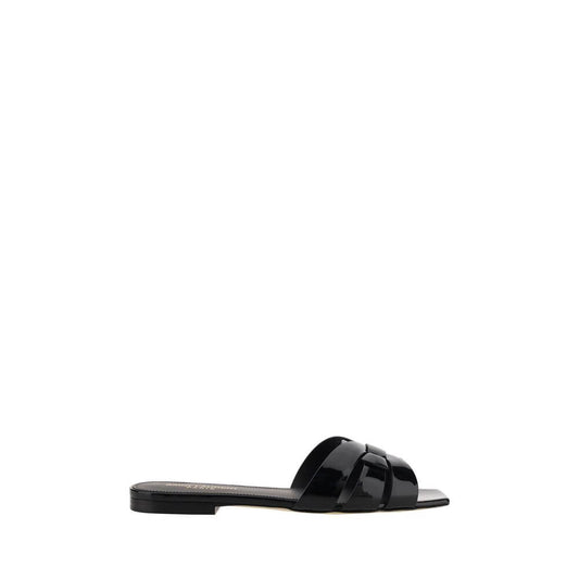 Saint Laurent Black Calf Leather Bos Taurus Flat Sandals with square toe, woven front and logoed insole, made in Italy.