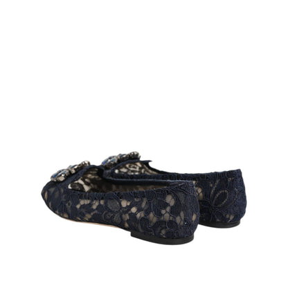 Dolce & Gabbana Blue Taormina Lace Crystals Flats Shoes
