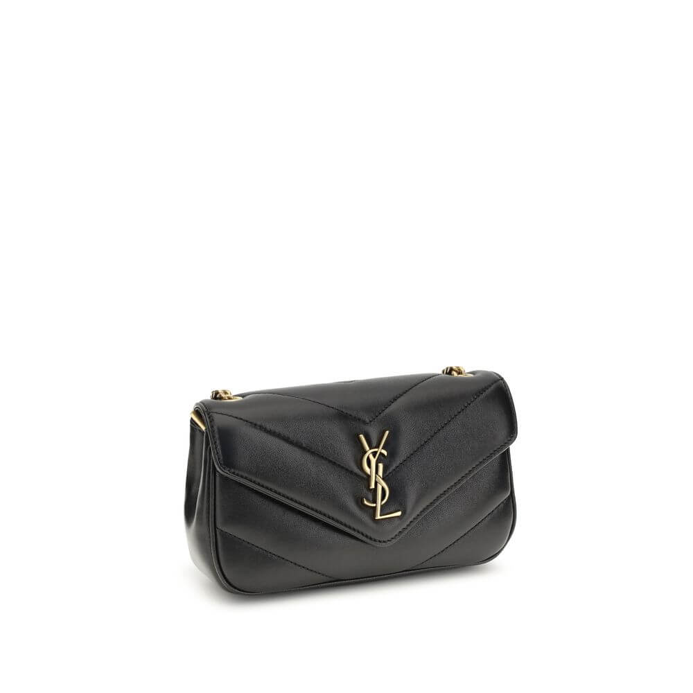 Saint Laurent Black Lamb Ovis Aries Aries Shoulder Bag in quilted leather with YSL logo and sliding chain handle.