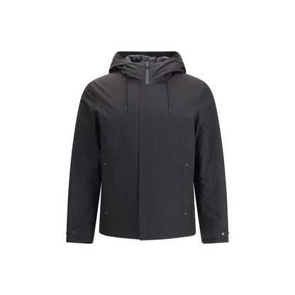 Woolrich Black Polyester Shell Jacket with adjustable hood and double-slider zipper, featuring side welt pockets, versatile for varied weather.