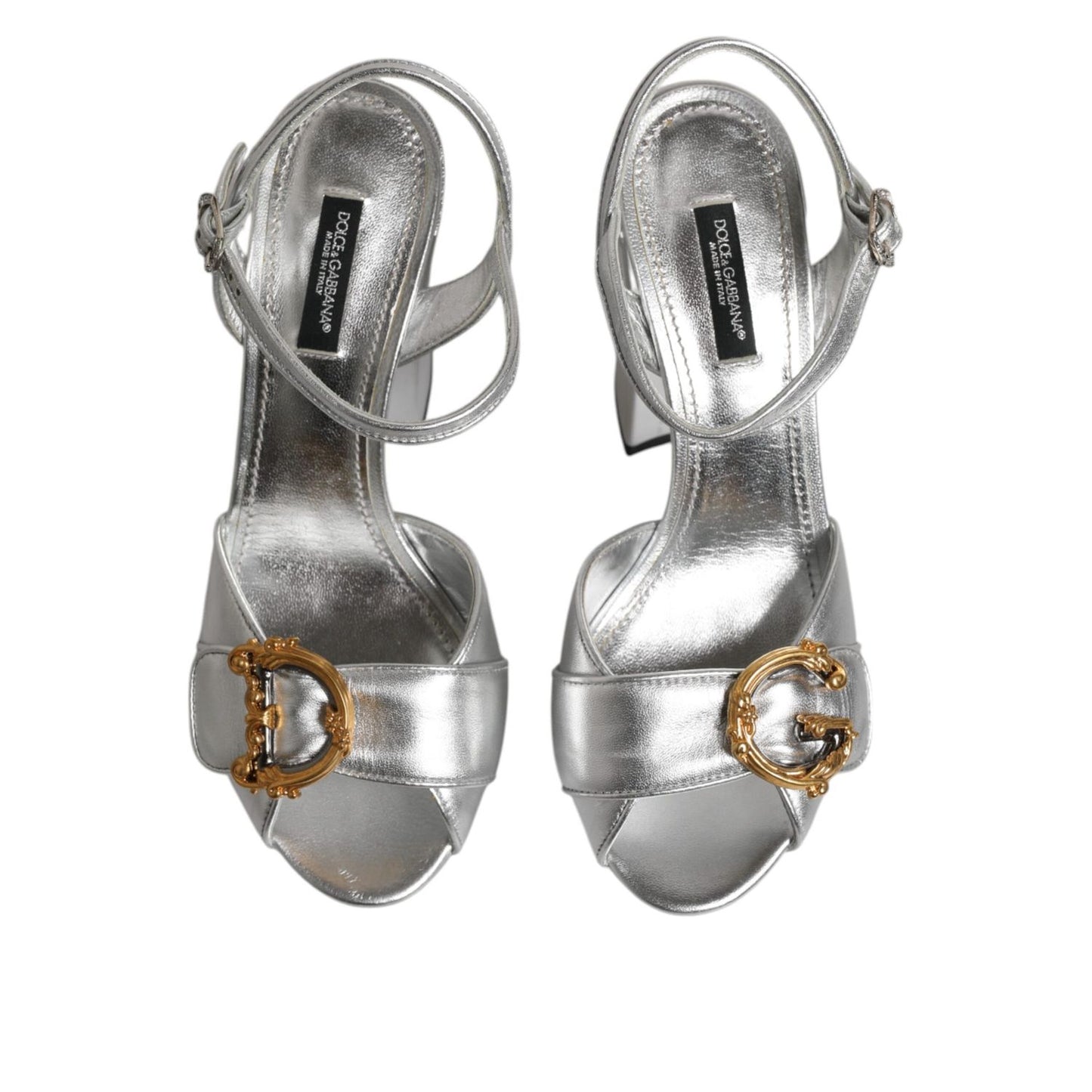 Dolce & Gabbana Silver Logo Ankle Strap Heels Sandals Shoes