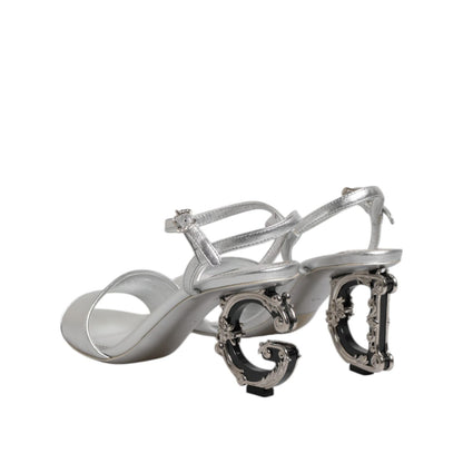 Dolce & Gabbana Silver Leather DG Heels Keira Sandals Shoes
