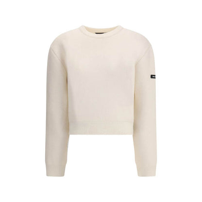 Balenciaga White Wool Sweatshirt showing a classic crew neck and logo patch on sleeve with ribbed cuffs and hem for a casual look.