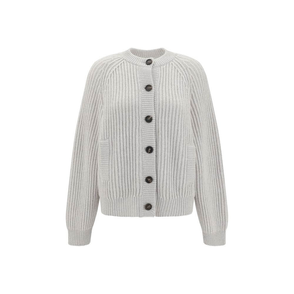 Brunello Cucinelli White Cashmere Cardigan with raglan sleeves and contrasting buttons, featuring ribbed cuffs and two welt pockets.