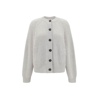 Brunello Cucinelli White Cashmere Cardigan with raglan sleeves and contrasting buttons, featuring ribbed cuffs and two welt pockets.
