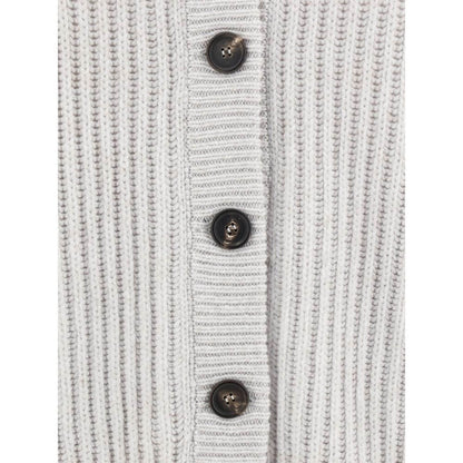 Close-up of Brunello Cucinelli White Cashmere Cardigan showcasing ribbed texture and front buttons.