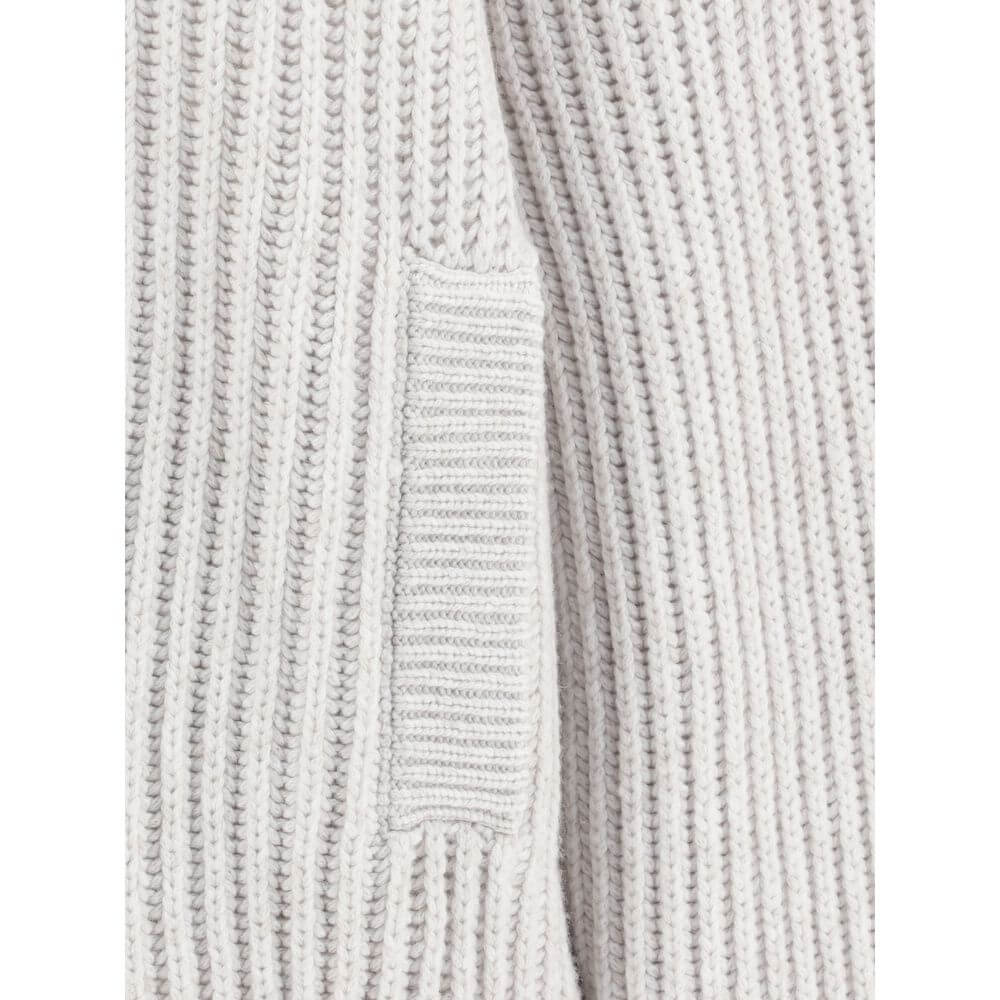 Brunello Cucinelli White Cashmere Cardigan with ribbed texture and pocket detail for style and practicality.