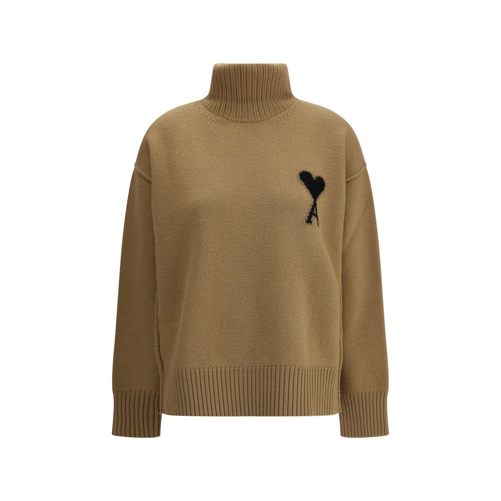 Ami Paris Brown Fleece Wool Turtleneck with jacquard heart logo and ribbed details for refined and comfortable style.