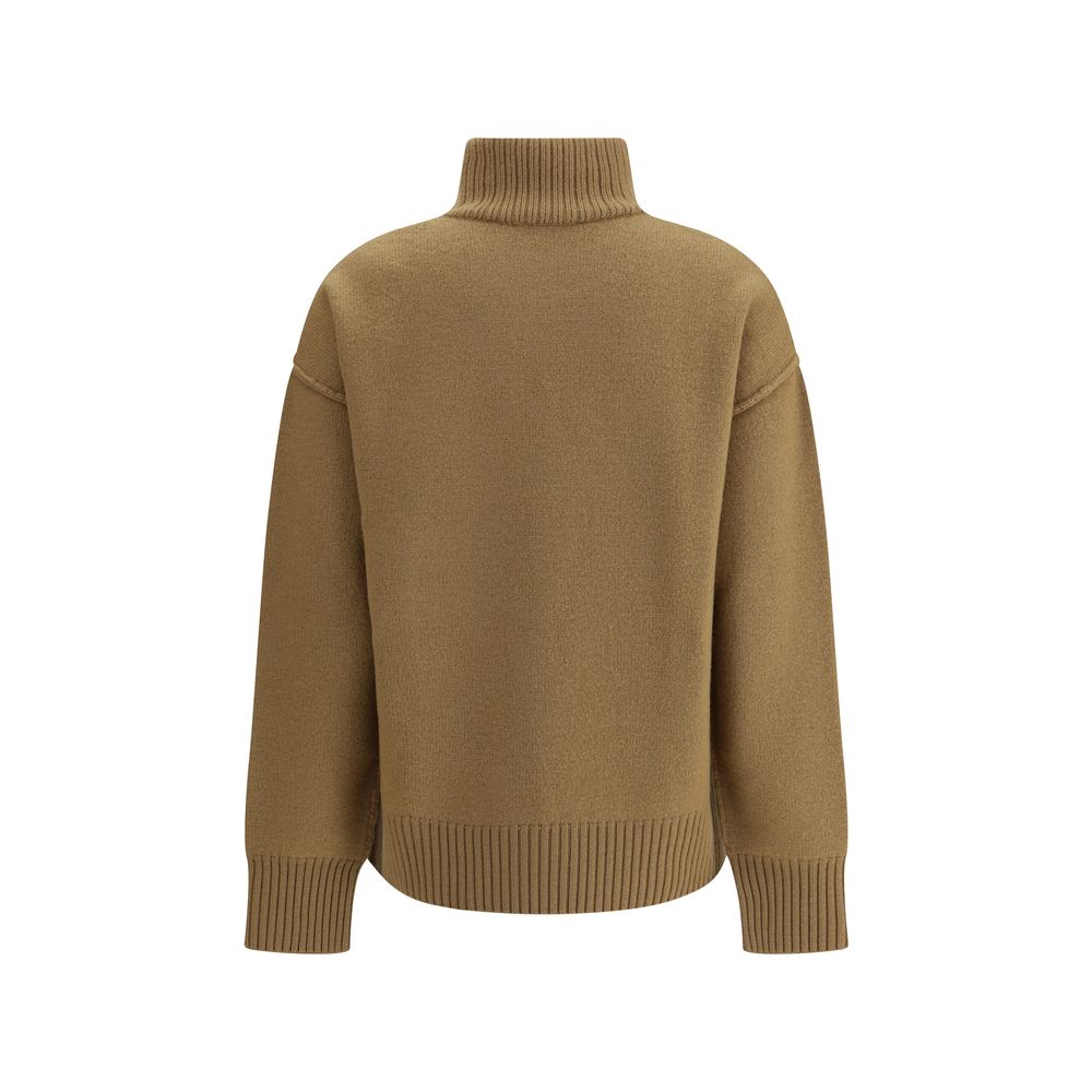 Back view of Ami Paris Brown Fleece Wool Turtleneck sweater with ribbed collar, cuffs, and hem for a comfortable fit.