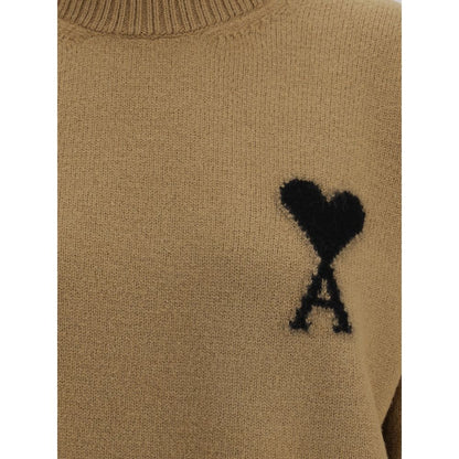 Ami Paris Brown Fleece Wool Turtleneck with jacquard heart logo on front, detailed view of ribbed collar and soft texture, size collar shown.