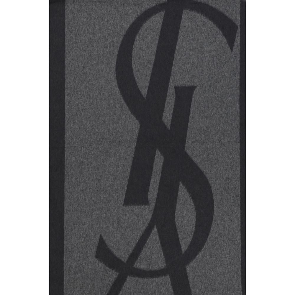 Saint Laurent Gray Silk Scarf with iconic YSL logo detailing and frayed hems, elegant 50x215cm design for AW25 season.
