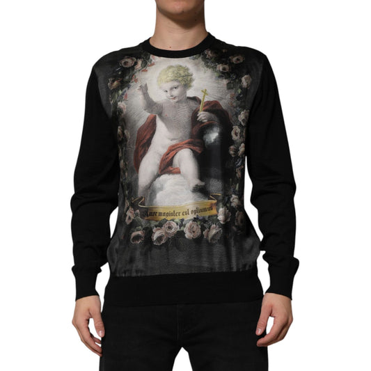 Dolce & Gabbana Black Cashmere Cherub Print Baroque Sweater