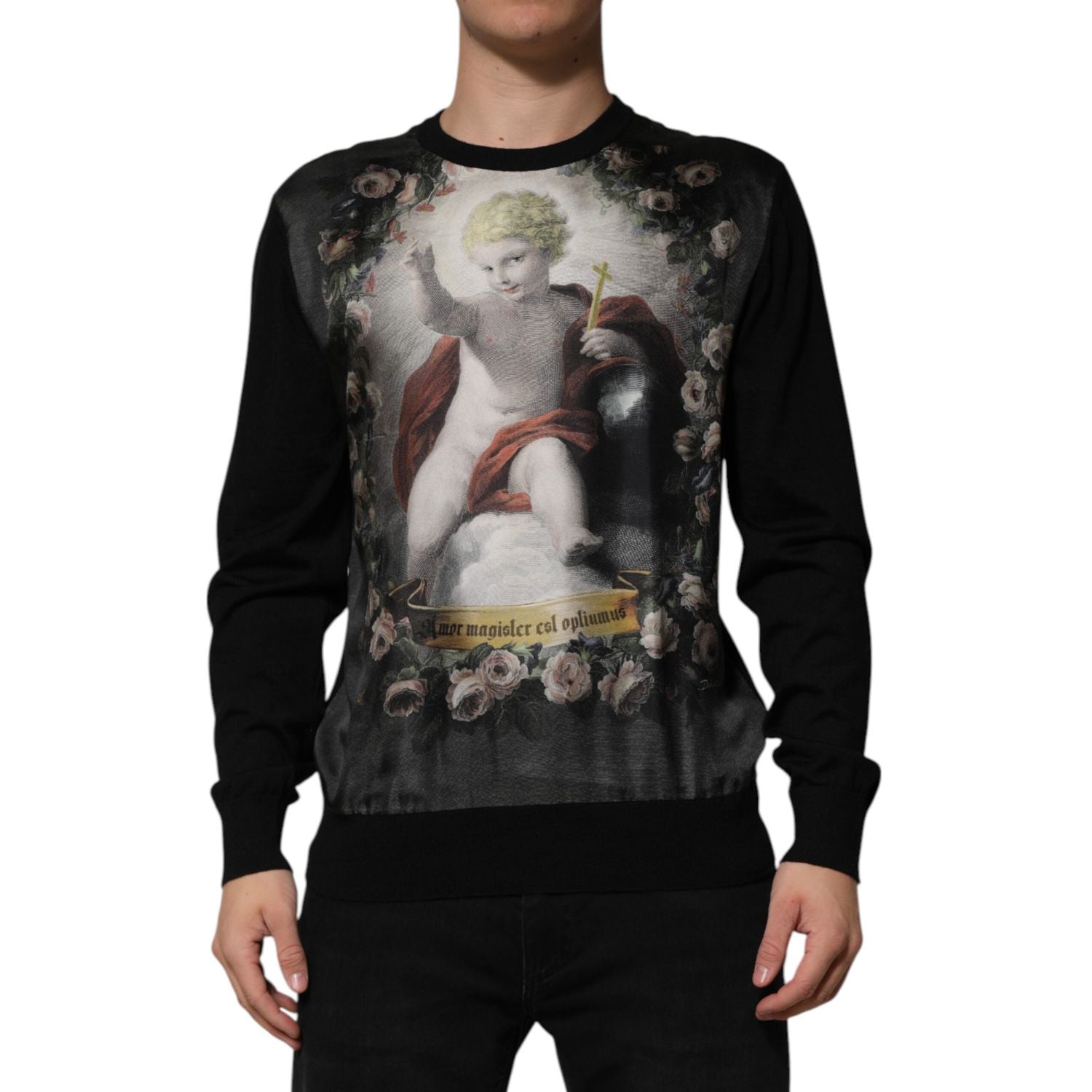 Dolce & Gabbana Black Cashmere Cherub Print Baroque Sweater