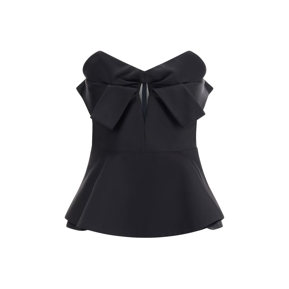 Alt Tag: Alexander McQueen Black Polyester Top with bow, peplum design, sleeveless corset for AW25 season, back zipper closure.