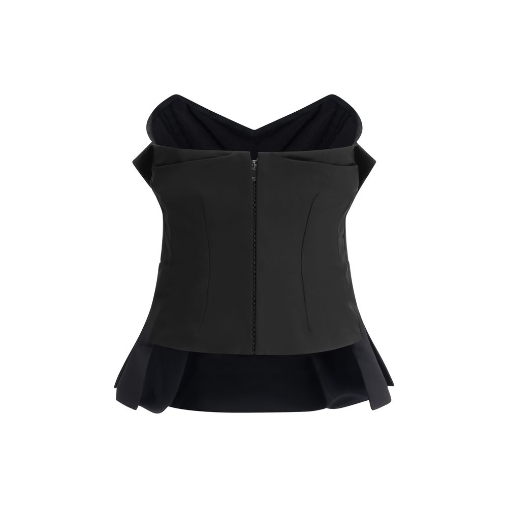 Alexander McQueen Black Polyester Top with peplum and bow, back zipper, sleeveless corset style for autumn winter collection.