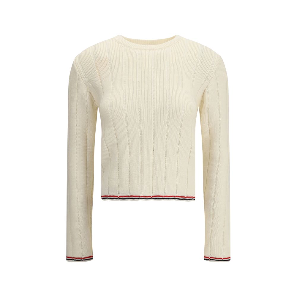 Thom Browne Cream Fleece Wool Sweatshirt with ribbed design and tricolor edges, 100% fleece wool, made in Ireland, AW25 season.