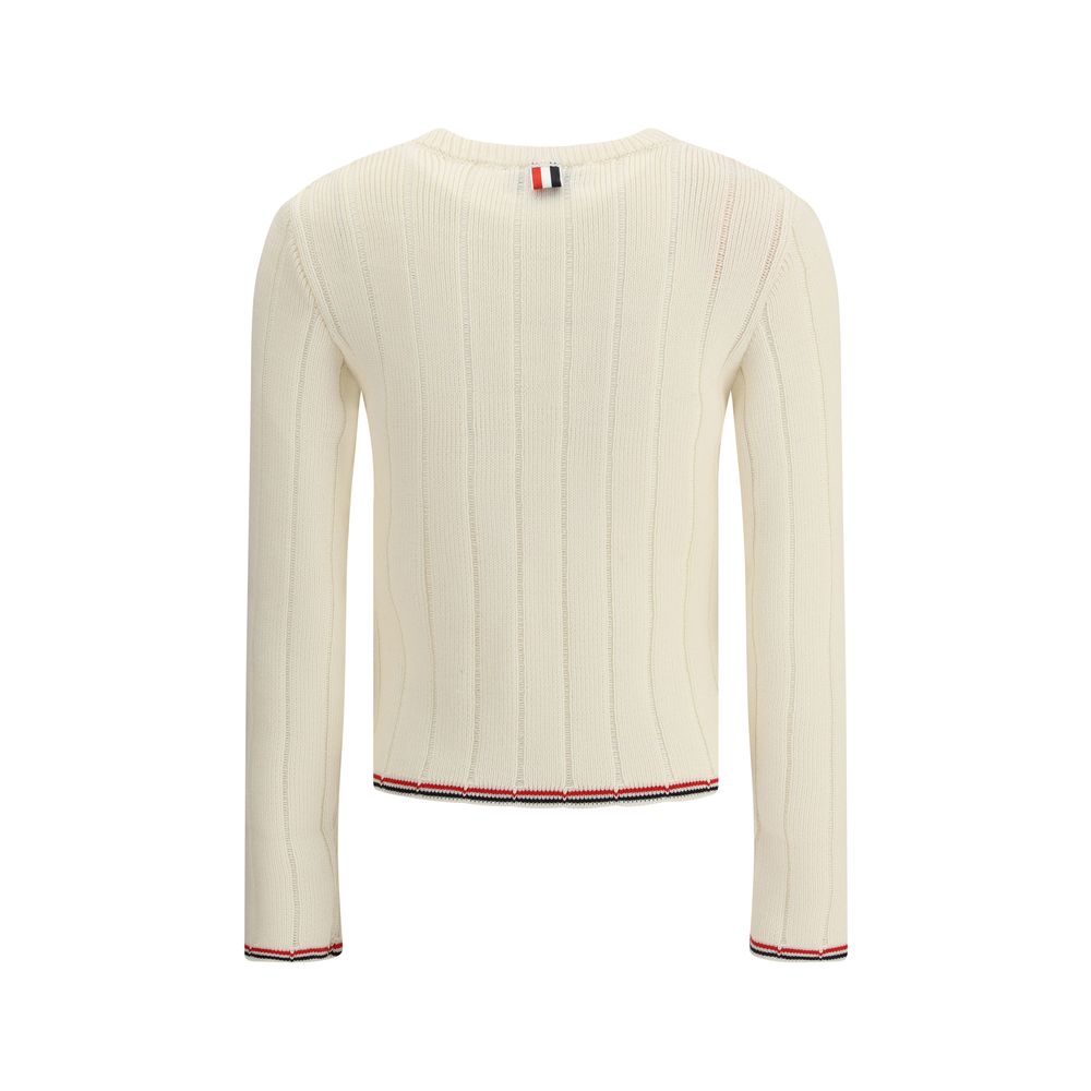 Back view of Thom Browne Cream Fleece Wool Sweatshirt with ribbed texture and tricolor detailing, perfect for contemporary style.