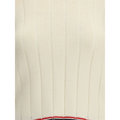 Thom Browne Cream Fleece Wool Sweatshirt featuring ribbed texture and tricolor accents, perfect for contemporary style.