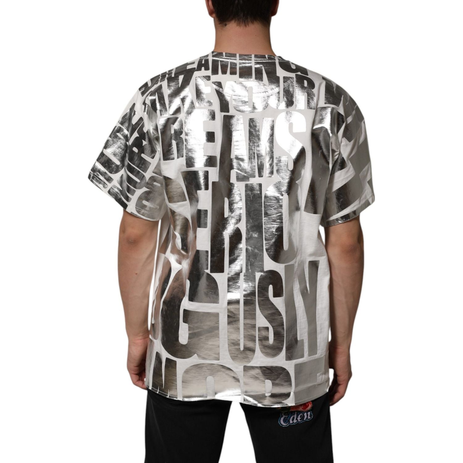 Dolce & Gabbana White Cotton Silver Metallic Slogan Print T-shirt