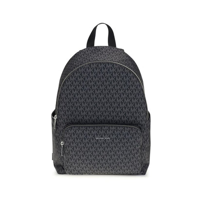 Michael Kors Black Polyester Backpack with logo print, featuring two pouch pockets and a zippered front clutch for style and organization.