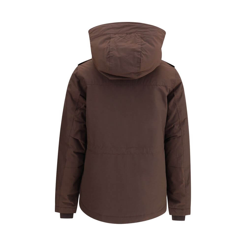 Woolrich Brown Cotton Full-Length Jacket with hood, featuring padded design and secure double-slider zipper for warmth and style, rear view.