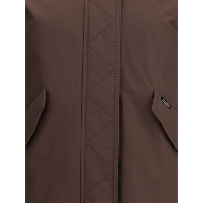 Close-up of Woolrich Brown Cotton Full-Length Jacket showing front design and pockets, ideal for winter wear.