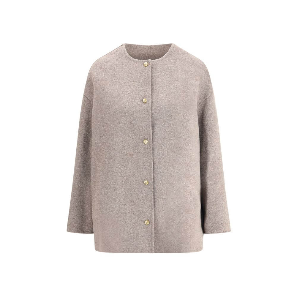 Loulou De Saison Gray Wool Coat with minimalist design, crew neck, button closure, and side welt pockets. AW25, 90% Wool & 10% Kashmir.