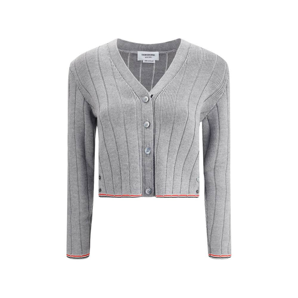 Thom Browne Gray Fleece Wool Cardigan with button closure and iconic colored bands, ribbed design for a refined look.