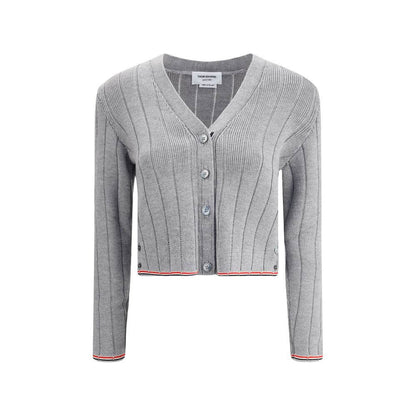 Thom Browne Gray Fleece Wool Cardigan with button closure and iconic colored bands, ribbed design for a refined look.