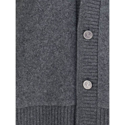 Close-up of Thom Browne Gray Wool Cardigan with ribbed detailing and button closure.