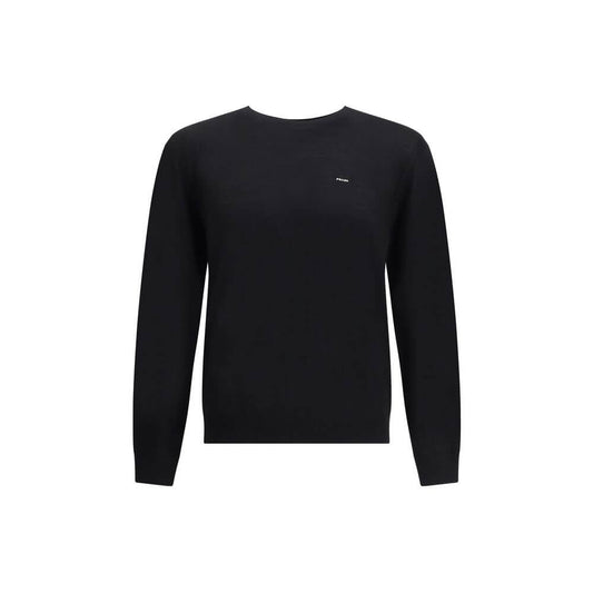 Prada Black Fleece Wool Sweatshirt with embroidered logo and ribbed neckline, cuffs, and hem for refined contemporary style.