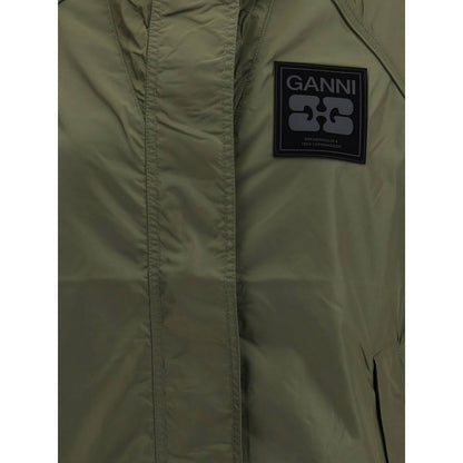 Ganni Green Nylon Shell Jacket with front zipper, hood, and GANNI logo patch on chest, showcasing contemporary waterproof style.