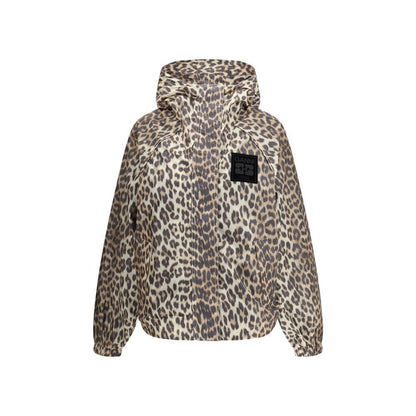 Ganni Multicolor Nylon Rain Coat with leopard print, hood, zipper closure, side pockets, and GANNI logo patch, ideal for urban style.
