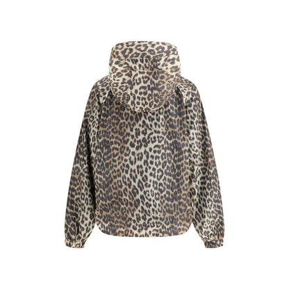 Ganni Multicolor Nylon Rain Coat with leopard print, hood, and pockets for stylish rainy days, featuring GANNI logo patch and front zipper.