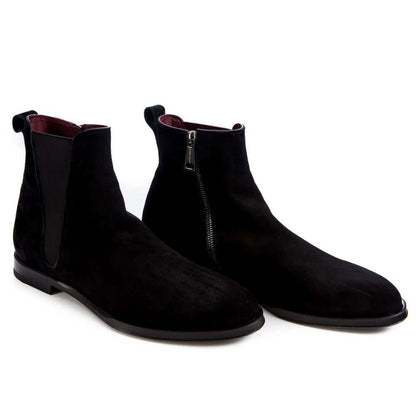 Dolce & Gabbana Black Calfskin Men Ankle Boot with suede finish, zipper detail, and red leather interior.