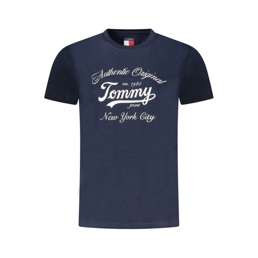 Tommy Hilfiger Blue Cotton Women T-Shirt with logo print, short-sleeved crew-neck design, showcasing sustainable fashion