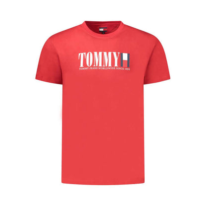 Tommy Hilfiger Red Cotton Men T-Shirt with logo on front, crew-neck design, made from 95% regenerative cotton for sustainable fashion.
