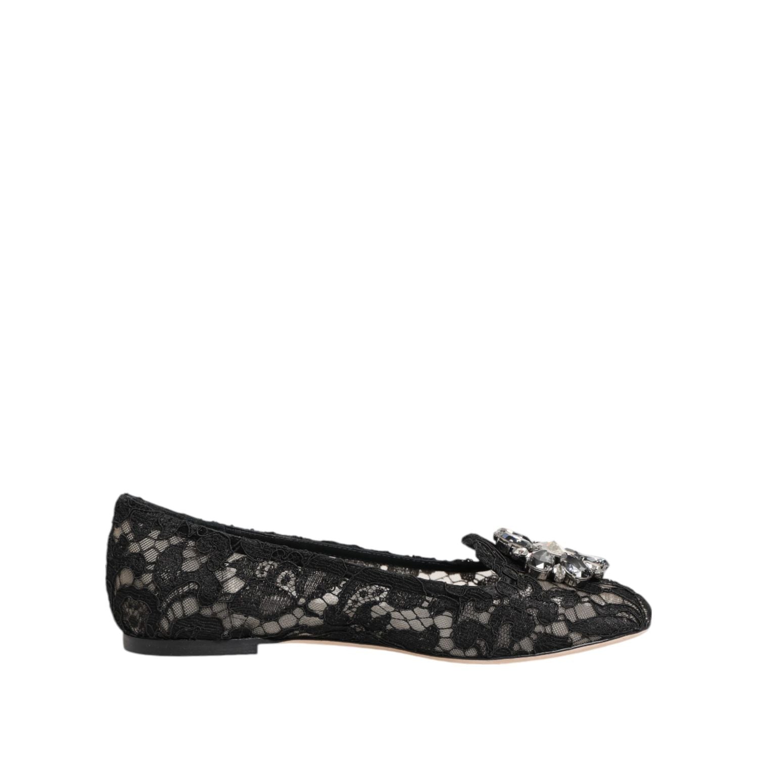 Dolce & Gabbana Black Taormina Lace Crystals Flats Shoes