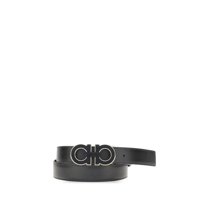 Ferragamo Black Calf Leather Bos Taurus Regular Belt with Gancini buckle, reversible and adjustable for a personalized style.