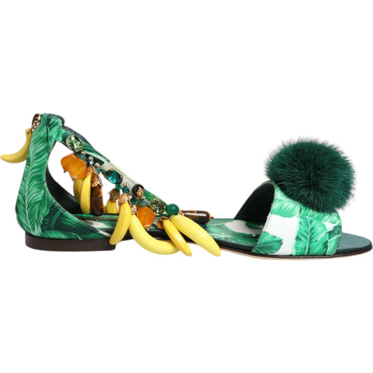 Dolce & Gabbana Green Mink Fur Satin Banana Leaf Sandals Shoes
