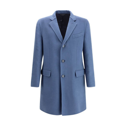 Brioni Light Blue Wool Coat with classic lapels, front button closure, and flap welt pockets, made in Italy, 70% wool and 30% cashmere.