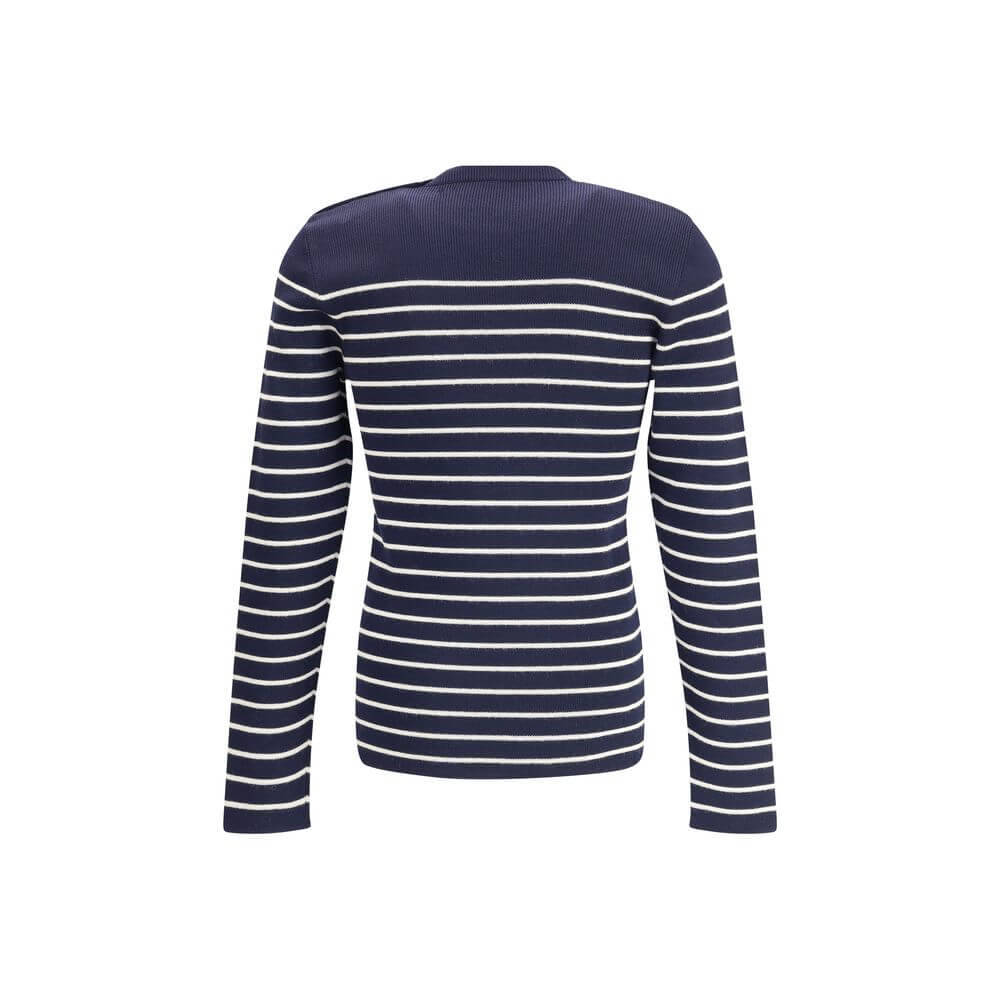 Back view of Prada Blue Fleece Wool Sweatshirt with striped pattern, ribbed crew neck, and iconic jacquard signature, made in Italy.