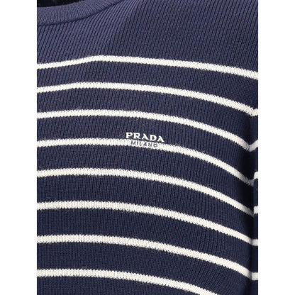 Close-up of Prada Blue Fleece Wool Sweatshirt with striped pattern and jacquard signature.