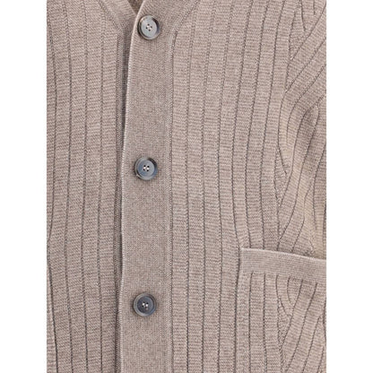 Brioni Brown Wool Cardigan with ribbed texture, V-neck, button closure, front pockets, and quality craftsmanship, made in Italy.