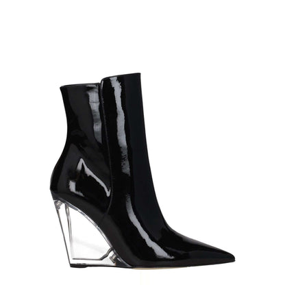 Stuart Weitzman Black Leather Ankle Boots with gold punk rock style, zip closure, patent leather, pointy toe, and 10cm wedge heel.